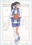 1girl 5girls absurdres basketball black_hair extra gym_uniform highres looking_to_the_side multiple_girls norikoi original partially_colored ponytail profile school_uniform shoes shorts sneakers solo_focus twitter user_interface 
