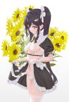  1girl bikini black_hair breasts cirilla covered_nipples flower gloves hair_ornament highres lifted_by_self long_hair looking_at_viewer navel original see-through simple_background skirt skirt_lift smile solo sunflower swimsuit thigh-highs twintails white_background white_bikini white_gloves white_legwear 