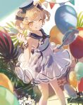  1girl absurdres animal_ears arknights balloon bare_shoulders bear_ears blonde_hair blush candy dress food frying_pan gummy_(arknights) hat highres holding ice_cream ji_mag_(artist) looking_at_viewer one_eye_closed orange_eyes plant short_twintails skirt solo tongue tongue_out twintails 