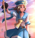  1girl april_(guilty_gear) belt_buckle blue_eyes blue_skirt brown_hair buckle english_text fingerless_gloves gloves guilty_gear guilty_gear_xrd hat highres mariebell rudder sailor sailor_hat short_hair skirt smile straight_hair sunset 