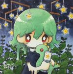  1girl black_dress bright_pupils dated dress dripping green_hair highres holding leaf looking_at_viewer medium_hair mobile original plant red_eyes short_sleeves signature solo star_(symbol) tears upper_body white_pupils zukky000 