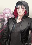  1boy 2f_sq animalization beige_background bespectacled black_hoodie black_shirt blue_hair casual contemporary cu_chulainn_(fate)_(all) cu_chulainn_alter_(fate/grand_order) dog earrings facial_mark fate/grand_order fate_(series) glasses hair_over_shoulder hair_strand hand_in_pocket heart heart_eyes hood hoodie jewelry long_hair looking_at_viewer medb_(fate) medb_(fate)_(all) monster_boy poodle red_eyes shirt simple_background spikes tail tattoo upper_body 