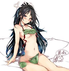  1girl black_hair blue_eyes blush character_name closed_mouth collarbone groin hair_ribbon kantai_collection katsuragi_(kancolle) long_hair navel ribbon rizzl signature simple_background solo twitter_username white_background white_ribbon wide_ponytail 