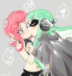  2girls bangs black_cape black_shirt black_skirt blunt_bangs blush cape closed_eyes commentary crop_top domino_mask eromame green_hair grey_background grey_eyes headgear heart holding_hands inkling kiss long_hair looking_at_another makeup mascara mask medium_hair midriff multiple_girls octoling pointy_ears red_eyes redhead shirt skirt sleeveless sleeveless_shirt splatoon_(series) splatoon_2 splatoon_2:_octo_expansion spoken_heart squidbeak_splatoon standing suction_cups sweatdrop tentacle_hair twitter_username yuri 