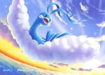  altaria clouds commentary_request day enishi_(menkura-rin10) flying gen_3_pokemon highres looking_to_the_side no_humans open_mouth outdoors pokemon pokemon_(creature) sky solo sparkle tongue 