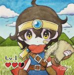  1girl bandaid bandaid_on_face belt bird brown_gloves brown_hair cape clouds cloudy_sky dated gloves grass hand_up highres hill looking_at_viewer lying on_back original red_cape short_hair signature sky solo sword traditional_media upper_body weapon yellow_eyes zukky000 