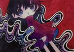  1girl abstract_background black_hair blue_eyes drooling feet_out_of_frame hair_between_eyes highres long_sleeves looking_at_viewer original red_shirt saliva shirt short_hair solo tears zukky000 