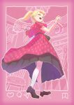  1girl ^_^ absurdres arms_up blonde_hair closed_eyes dress from_below highres huge_filesize norikoi open_mouth original pink_dress pink_theme smile solo twintails 