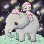  ambiguous_gender barefoot blue_eyes dated elephant flower hat highres medium_hair nightcap original pajamas pink_pajamas signature sitting_on_animal solo striped striped_pajamas traditional_media white_flower white_hair zukky000 