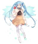  1girl alternate_costume aqua_hair bangs blue_eyes boots broken broken_chain candy_apple chain collar eyebrows_visible_through_hair food full_body fur_trim garter_straps holding holding_food long_hair long_sleeves nymph_(sora_no_otoshimono) open_mouth robot_ears shakemi_(sake_mgmgmg) sidelocks simple_background skirt solo sora_no_otoshimono star_(symbol) suspender_skirt suspenders thigh-highs thigh_boots twintails white_background white_footwear wings 