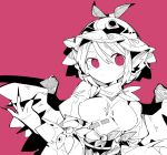  1girl adapted_costume animal_ears breasts hand_up ma_sakasama medium_breasts mystia_lorelei pink_background pink_eyes puffy_sleeves shirt short_hair simple_background solo spot_color touhou upper_body very_long_fingernails winged_hat wings 