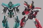  clenched_hands e5_hayabusa_(shinkalion) e6_komachi_(shinkalion) geri_kumaarashi grey_background looking_at_viewer looking_up mecha open_hands science_fiction shinkansen_henkei_robo_shinkalion shoulder_cannon signature yellow_eyes 