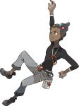  1boy arm_up artist_request brown_footwear brown_hair closed_mouth dark_skin dark_skinned_male frown full_body grant_(pokemon) grey_eyes grey_pants gym_leader hair_ornament highres male_focus official_art pants pokemon pokemon_(game) pokemon_xy shoes solo transparent_background 