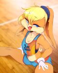  1girl absurdres animal_ears animal_nose blonde_hair blue_eyes blue_shorts body_fur breasts clothes_writing collarbone eyebrows_visible_through_hair fur furry gloves highres lola_bunny looney_tunes midriff navel open_mouth rabbit_ears shorts sitting slugbox small_breasts smile snout solo space_jam sportswear thighs white_gloves 