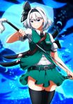  1girl absurdres blue_background blue_eyes closed_mouth english_commentary highres holding holding_sword holding_weapon katana konpaku_youmu looking_at_viewer renzurou silver_hair smile solo sword thigh-highs touhou weapon 