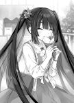  1girl character_request copyright_request eating greyscale highres monochrome multicolored_hair ou-sama_no_propose tsunako twintails twintails_day 