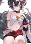  1girl absurdres animal_ears bangs bare_shoulders betabeet black_shorts blush breasts closed_mouth collar collarbone english_commentary erune fox_tail granblue_fantasy hair_between_eyes hair_ornament highres large_tail looking_at_viewer multiple_tails navel off_shoulder red_eyes short_hair short_shorts shorts simple_background small_breasts solo tail white_background you_(granblue_fantasy) 