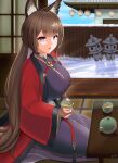  1girl absurdres amagi_(azur_lane) animal_ear_fluff azur_lane breasts brown_hair castell coat cup eyebrows_visible_through_hair highres holding holding_cup indoors japanese_clothes kimono large_breasts long_hair open_clothes open_coat purple_kimono red_coat seiza shadow sitting snow solo steam thick_eyebrows very_long_hair violet_eyes winter 