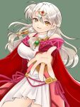  :d bangle bangs bare_shoulders bracelet breasts cape circlet corset dress fire_emblem fire_emblem:_radiant_dawn gau_fe green_background hair_tubes half_updo jewelry long_hair medium_breasts micaiah_(fire_emblem) open_mouth outstretched_arm ring silver_hair simple_background sleeveless sleeveless_dress smile thigh-highs white_dress yellow_eyes zettai_ryouiki 