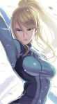 1girl arched_back arm_behind_head arms_up backlighting bangs blonde_hair blue_bodysuit blue_eyes blurry blurry_background bodysuit breasts commentary_request greatmosu hair_between_eyes high_ponytail highres long_hair medium_breasts metroid mole mole_under_mouth ponytail samus_aran shadow shiny shiny_clothes shiny_hair sidelocks skin_tight solo upper_body zero_suit 