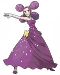 1girl dress fantina_(pokemon) full_body gloves gym_leader high_heels long_hair lowres official_art outstretched_arm parted_lips pokemon pokemon_(game) pokemon_dppt purple_dress purple_footwear purple_hair quad_tails smile solo standing sugimori_ken transparent_background violet_eyes 