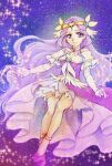 1girl aizen_(syoshiyuki) bare_shoulders commentary_request cure_earth dress earrings elbow_gloves eyelashes fuurin_asumi gloves hair_ornament happy healin&#039;_good_precure highres jewelry long_hair looking_at_viewer magical_girl precure purple_dress purple_hair smile solo starry_background very_long_hair violet_eyes white_gloves 