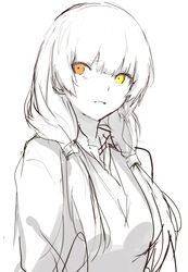  1girl bangs eyebrows_visible_through_hair ff_frbb122 girls_frontline greyscale heterochromia long_hair looking_at_viewer monochrome necktie orange_eyes ro635_(girls_frontline) shirt solo white_background white_hair yellow_eyes 