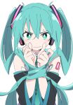  1girl aqua_eyes aqua_hair blush closed_mouth detached_sleeves hair_between_eyes hatsune_miku ixy long_hair simple_background solo twintails upper_body vocaloid white_background 