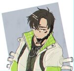  1boy apex_legends black_eyes black_hair black_shirt crypto_(apex_legends) cyborg from_above green_sleeves green_vest grey_jacket highres husagin jacket jewelry leaning_to_the_side looking_at_viewer looking_up male_focus necklace parted_hair science_fiction shirt solo upper_body vest 