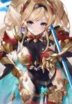  1girl bangs blonde_hair blue_eyes blush bodysuit breasts cape covered_navel granblue_fantasy hair_intakes hairband highres hinahino hip_vent large_breasts leaning_forward long_hair looking_at_viewer polearm red_armor sidelocks simple_background smile spear thighs twintails weapon zeta_(granblue_fantasy) 