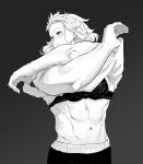  1girl abs airpro033 bra breasts dorohedoro formal highres jewelry long_hair looking_at_viewer monochrome muscular muscular_female navel noi_(dorohedoro) shirt simple_background solo suit underwear undressing 