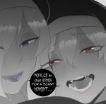  2girls blue_eyes blue_lips close-up drooling face fangs habit hair_between_eyes hair_over_one_eye looking_at_viewer multiple_girls nun nyantcha open_mouth original red_eyes scar scar_on_face shared_speech_bubble short_hair siblings sisters speech_bubble white_hair 
