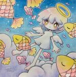  1girl angel angel_wings blue_sky blush clouds dated fish floating glowing halo highres original signature sky solo traditional_media white_wings wings yellow_eyes zukky000 
