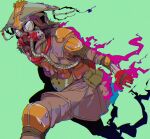  1other ambiguous_gender apex_legends bloodhound_(apex_legends) cable cropped_legs fire gas_mask goggles green_background helmet knee_pads looking_at_viewer mask mizu_cx open_hand pink_fire pouch running solo 
