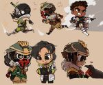  +_+ 1girl 1other 2boys ambiguous_gender apex_legends bangalore_(apex_legends) beige_background bird black_eyes black_gloves black_headwear bloodhound_(apex_legends) brown_eyes cable chibi clenched_hands clenched_teeth cropped_vest crow crypto_(apex_legends) dark_skin dark-skinned_female fingerless_gloves gloves goggles green_sleeves green_vest handheld_game_console heart helmet highres holding holding_grenade holding_handheld_game_console jacket looking_down mask mechanical_legs mouth_mask multiple_boys multiple_views nintendo_switch octane_(apex_legends) open_hand otezo petting running syringe_in_head teeth tongue tongue_out vest white_jacket 
