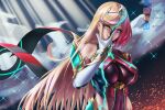  2girls blonde_hair breasts fusion heterochromia highres large_breasts long_hair multiple_persona mythra_(xenoblade) pyra_(xenoblade) red_eyes redhead short_hair smile super_smash_bros. very_long_hair xenoblade_chronicles_(series) xenoblade_chronicles_2 yellow_eyes yonpii 