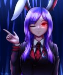  1girl :3 absurdres alternate_costume alternate_hairstyle animal_ears bangs blazer blouse breasts buttons collared_blouse crescent crescent_pin eyebrows_visible_through_hair finger_gun glowing glowing_eye highres jacket large_breasts long_sleeves looking_at_viewer necktie one_eye_closed purple_hair rabbit_ears red_eyes red_neckwear reisen_udongein_inaba renzibun solo swept_bangs touhou upper_body white_blouse 