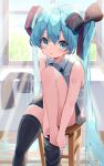  1girl :o bangs black_legwear black_skirt blue_eyes blue_hair blush collared_shirt commentary day eyebrows_visible_through_hair hair_ribbon hatsune_miku highres holding holding_clothes holding_legwear indoors koyubita leg_up legs long_hair looking_at_viewer miniskirt putting_on_legwear ribbon shirt signature sitting skirt sleeveless sleeveless_shirt solo stool thigh-highs twintails very_long_hair vocaloid white_shirt window wooden_stool 