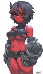  1girl armor belt black_belt black_hair black_shorts breasts colored_skin commentary cowboy_shot english_commentary gauntlets hair_between_eyes horns kidouko_(zakusi) large_breasts looking_at_viewer medium_hair micro_shorts navel oni oni_horns original parted_lips red_oni red_skin shield shorts signature simple_background solo standing torn_clothes under_boob white_background yellow_eyes zakusi 