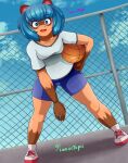 animal_ears basketball bike_shorts blue_hair blue_sky brand_new_animal clouds from_below iamoctopii kagemori_michiru looking_at_viewer medium_breasts open_mouth shirt shoes shorts sky sunlight teenage tomboy trigger_(company) young