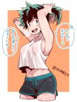  1girl :d alternate_hairstyle armpits arms_up bangs bare_arms black_shorts boku_no_hero_academia breasts commentary_request cowboy_shot cropped_legs genderswap genderswap_(mtf) green_eyes green_hair green_shorts hair_up medium_breasts midoriya_izuku midriff navel open_mouth orange_background ponytail shorts sideboob smile solo speech_bubble striped sweat tank_top tonomayo translation_request twitter_username tying_hair upper_teeth white_background 