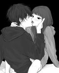  1boy 1girl black_background blush copyright_request french_kiss greyscale hand_on_another&#039;s_face highres hood hood_down hoodie kiss little_mare long_hair long_sleeves monochrome open_mouth simple_background straddling 