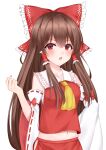  1girl absurdres bow brown_hair commentary_request frilled_bow frilled_hair_tubes frills hair_bow hair_tubes hakurei_reimu highres long_hair midriff navel red_bow red_eyes simple_background solo touhou upper_body useless_(102960190014) white_background 