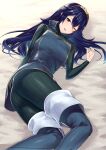 1girl ameno_(a_meno0) ass blue_eyes blue_hair boots fire_emblem fire_emblem_awakening hair_between_eyes highres long_hair long_sleeves looking_at_viewer lucina_(fire_emblem) lying on_bed on_side one_eye_closed open_mouth solo tiara 
