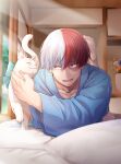  1boy :d absurdres bangs blue_eyes blue_flower boku_no_hero_academia bow burn_scar cat collarbone commentary_request day flower green_bow grey_eyes heterochromia highres huge_filesize indoors lying male_focus multicolored_hair on_stomach open_mouth pillow redhead scar smile solo todoroki_shouto tonomayo two-tone_hair white_flower white_hair 