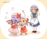  3girls =3 apron back_bow bat_wings blonde_hair blood blue_eyes blue_hair blush bow braid camcorder child collared_dress crystal dress eyebrows_visible_through_hair flandre_scarlet grey_hair hat hat_bow height_difference izayoi_sakuya maid maid_apron maid_headdress mob_cap moeki_(moeki0329) multiple_girls necktie nosebleed pacifier purple_dress red_bow red_dress red_neckwear remilia_scarlet short_hair touhou wings 