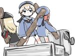  3girls bismarck_(kancolle) black_headwear black_neckwear blonde_hair blue_dress blue_eyes blue_headwear brown_hair dress flatbed_truck ground_vehicle hat kantai_collection karin_bluez3 log long_hair motor_vehicle multiple_girls neckerchief sailor_dress sailor_hat short_hair silver_hair simple_background truck white_background z1_leberecht_maass_(kancolle) z3_max_schultz_(kancolle) 