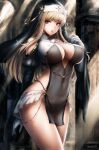  1girl bare_shoulders blonde_hair breasts covered_navel cowboy_shot english_commentary eyebrows_visible_through_hair gloves habit highres kouson33 large_breasts long_hair looking_at_viewer nun original revealing_clothes see-through solo standing watermark 