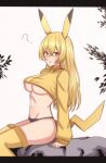  1girl :o ? blonde_hair blush_stickers breasts commentary_request cropped_shirt from_side gen_1_pokemon highres large_breasts letterboxed long_hair looking_at_viewer looking_to_the_side mamerakkkkko navel personification pikachu pikachu_ears pikachu_tail pokemon pokemon_ears rock shirt sitting solo tail thigh-highs under_boob yellow_eyes yellow_legwear yellow_shirt 