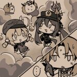  ... 1girl 2boys bomb cabbie_hat chibi dress forehead_jewel genshin_impact greyscale half-closed_eyes hat hilichurl_(genshin_impact) holding holding_polearm holding_weapon hu_tao klee_(genshin_impact) long_sleeves low_twintails mask monochrome multiple_boys polearm sasha_chii shorts smile sweatdrop thought_bubble twintails weapon xiao_(genshin_impact) 